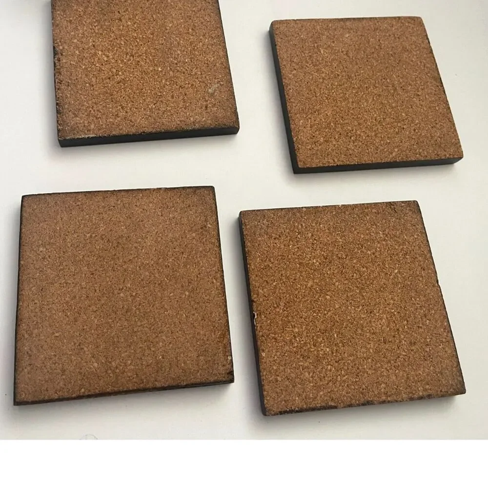 Red Coral Art Marble Drink Coasters With Matching Wooden Holder Set Of 4 Vintage